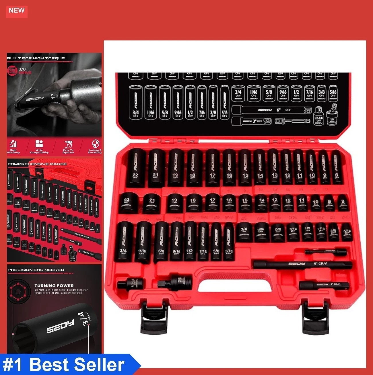3/8 Inch Drive Impact Socket Set 49 Piece SAE Metric Deep Shallow Extension