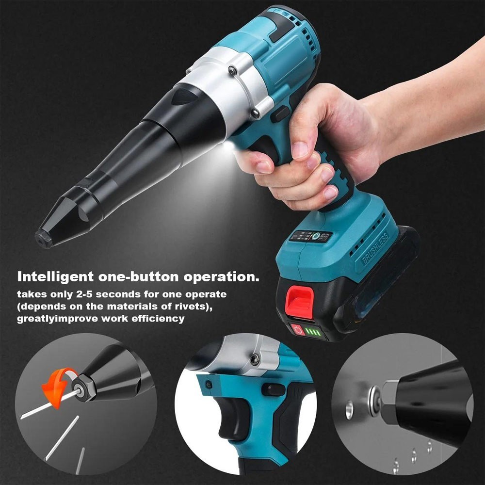 For Makita LXT 18V Battery Brushless Electric Rivet Gun Kit + 20 Rivets & LED