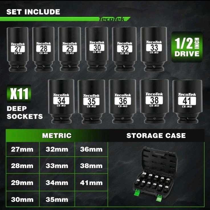 11 Pcs Tecotek 1/2″ Drive Deep 6-Point Impact Socket Set 27mm – 41mm