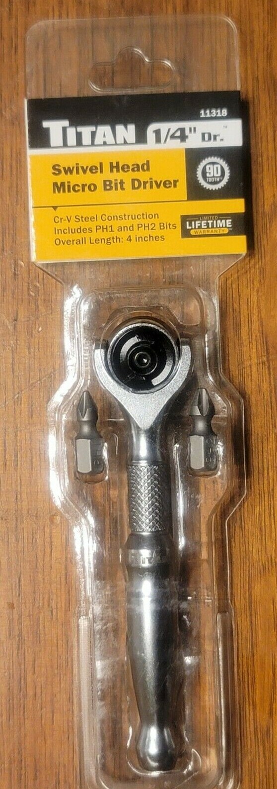 Titan Micro 1/4″ HEX 90 Tooth Reversible Swivel Head Ratchet w/ Bits #11318