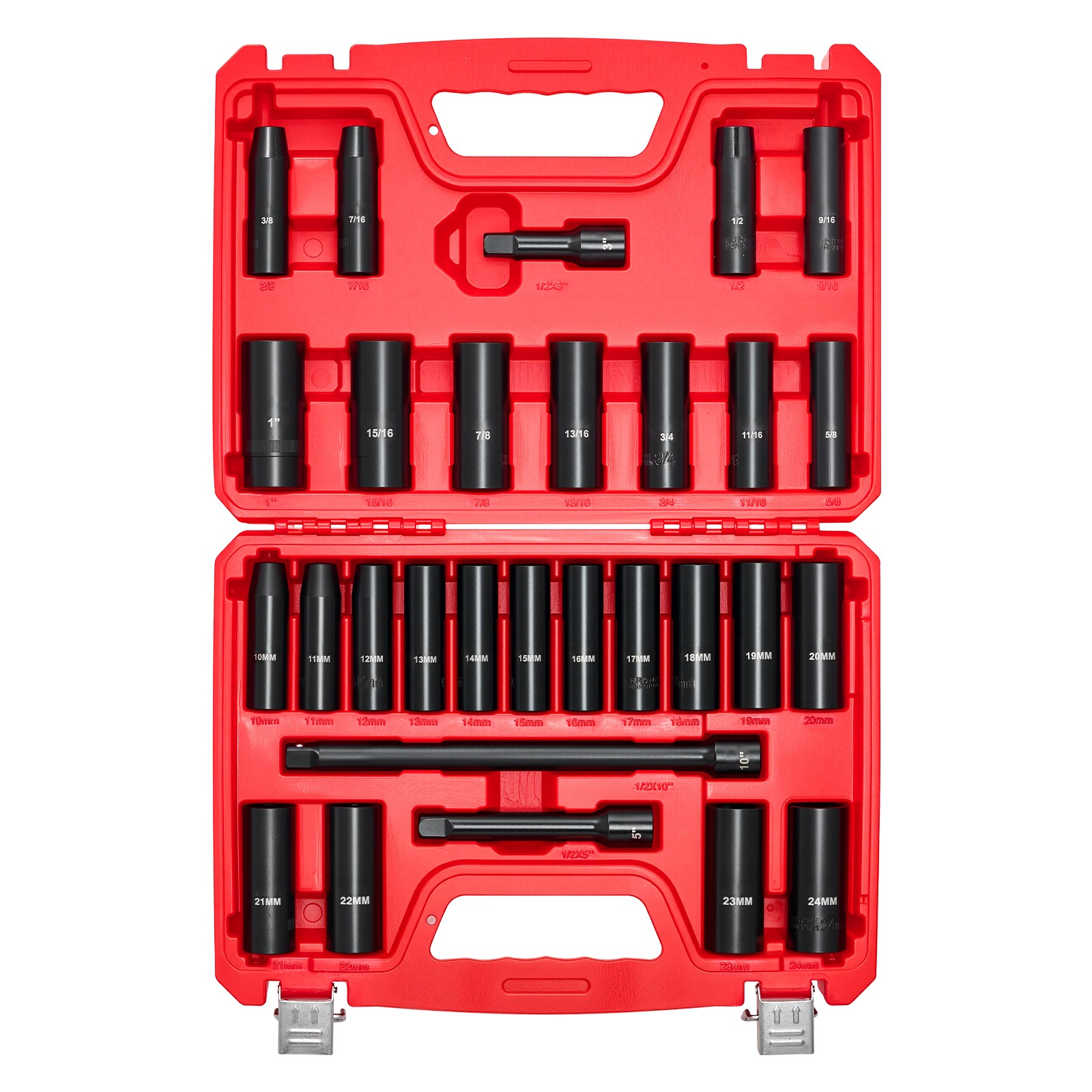 29Pcs 1/2″ Drive Deep Impact Socket Set with Extension Bars SAE and Metric CR-V