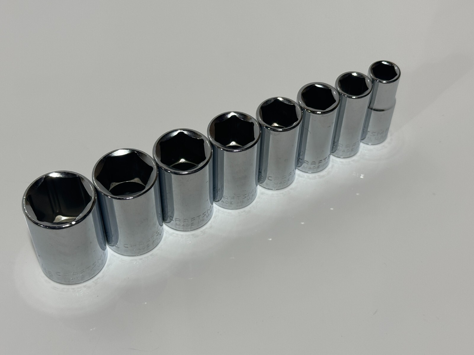 Craftsman USA NOS, RARE GK 8pc SAE Mid-Length Semi-Deep Socket Set – 3/8″ Drive