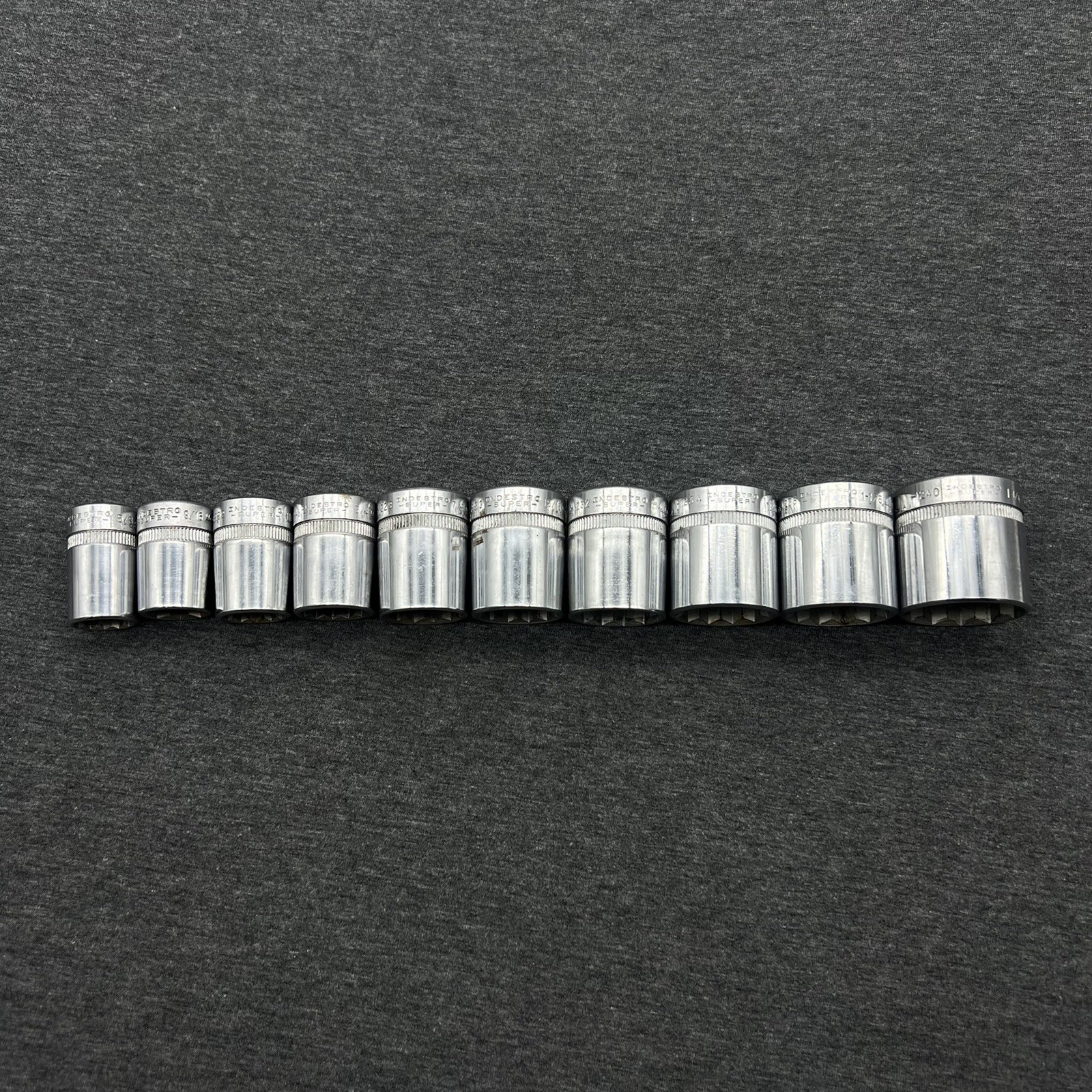 Vintage Indestro Super 1/2″ Drive 10pc SAE 12pt Socket Set Lot Made in USA