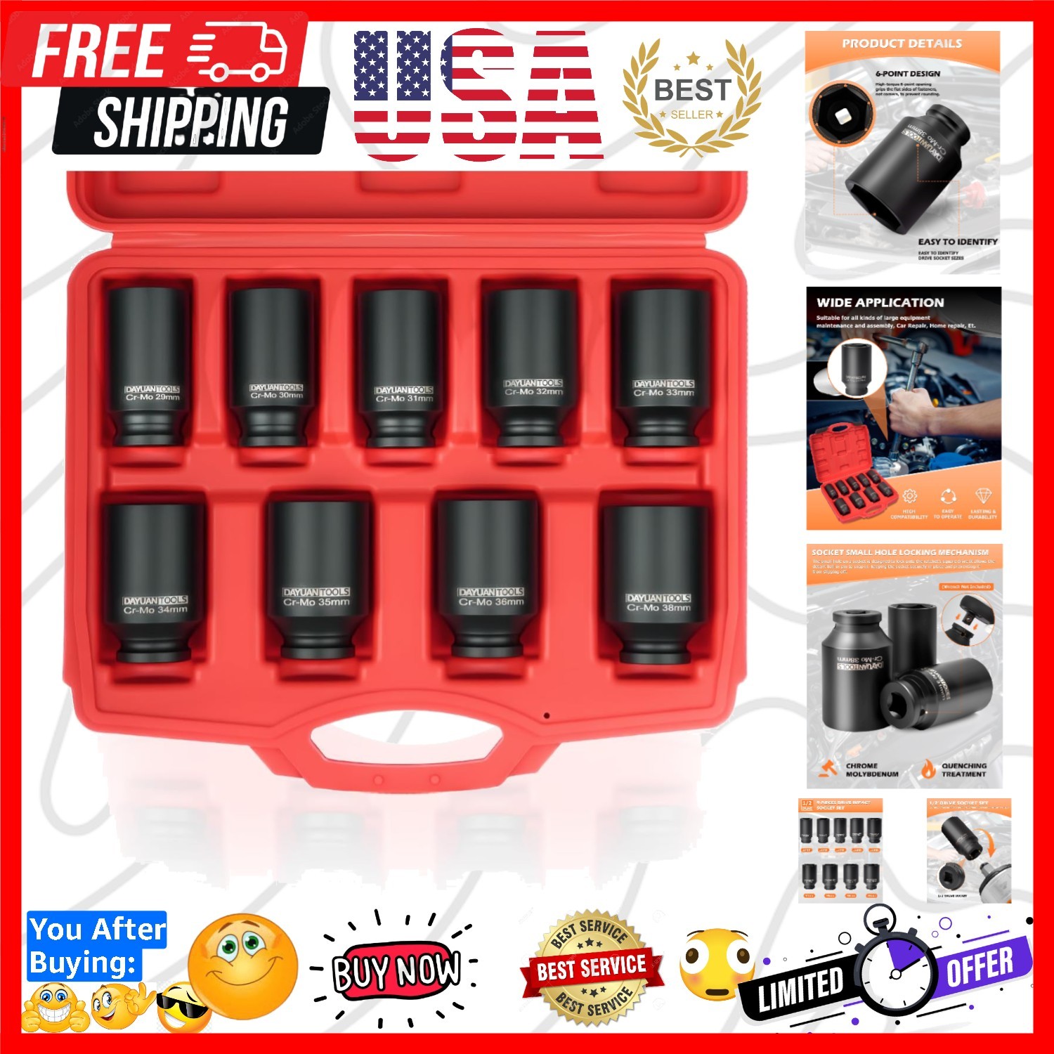 9 Pcs Axle Nut Hub Impact 1/2″ Drive Socket 29 30 31 32 33 34 35 36 38mm Sock…