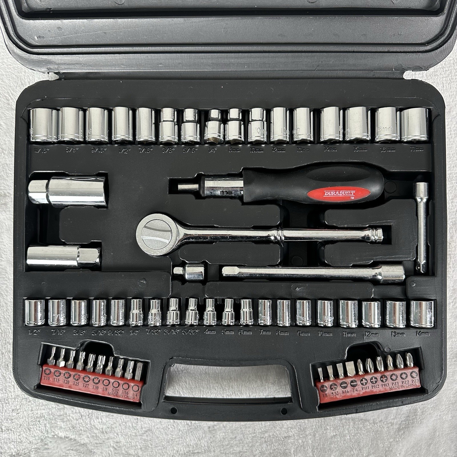 Durabuilt 63 Piece Socket Set, Includes CRV Bits + Ratcheting Drivers, Chrome