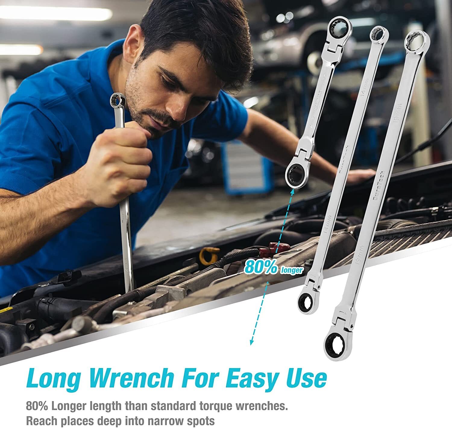 DURATECH 27PCS Extra Long Flex Head Ratcheting Wrench Set Double Box End 8-22mm