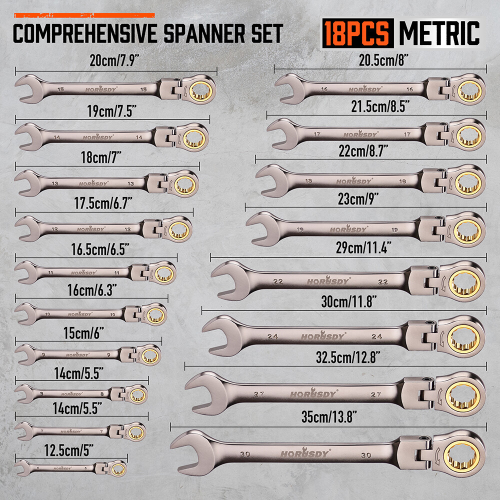 18PCS Flexible Ratchet Wrench Set Metric 6-30mm 72-Tooth Nickle Plated Portable