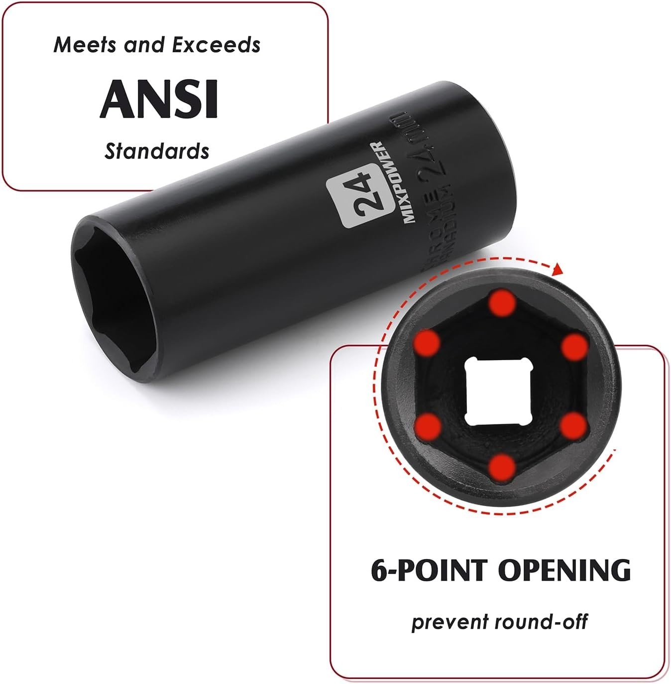 1/2-Inch Drive Impact Socket 24mm – Corrosion-Resistant CR-V 6 Point Design