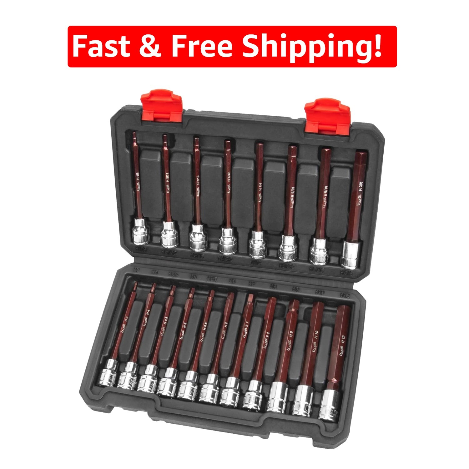 Extra Long 3/8 Inch Drive Hex Bit Socket Set – 19 SAE & Metric Sizes Included
