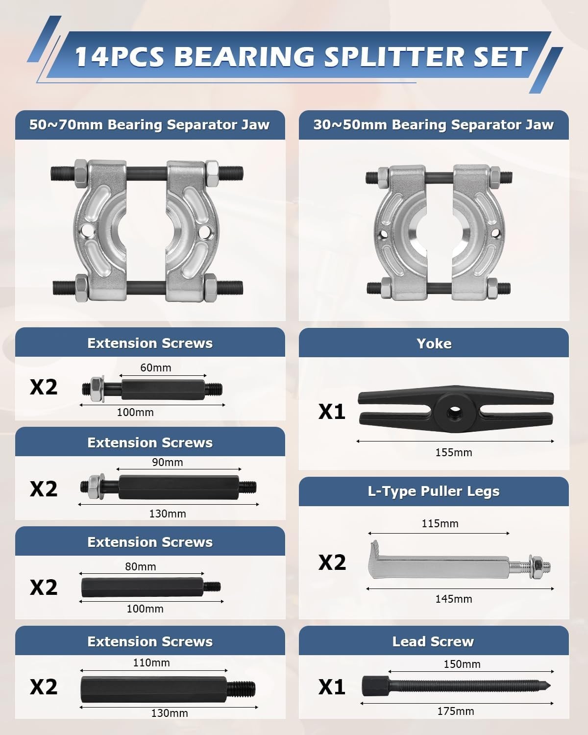 Complete 14-Pc Bearing Separator Tool Kit with Drop-Forged Steel Construction