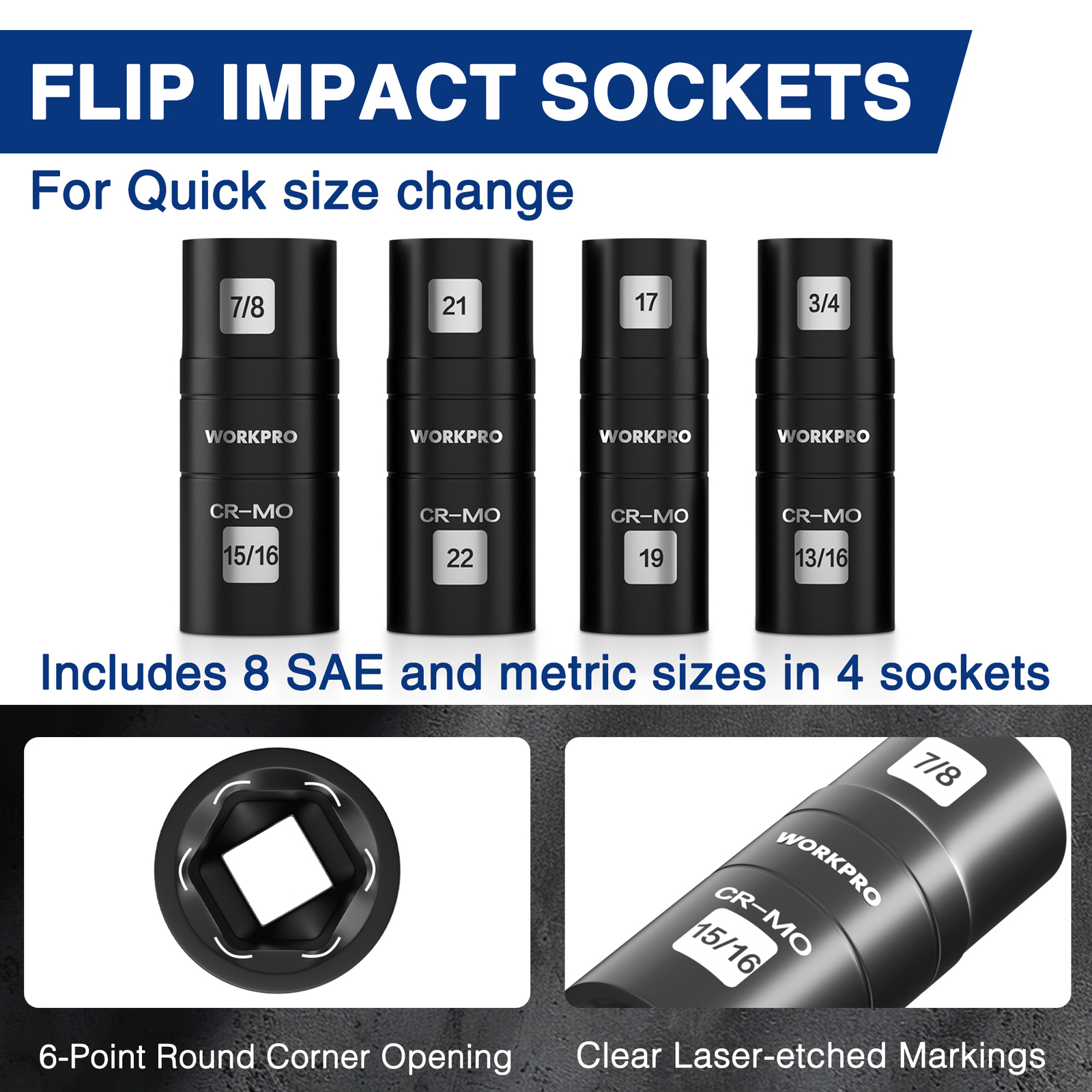WORKPRO 5PCS Impact Socket Set 1/2″ Drive, Lug Nut Socket Set Cr-Mo Steel