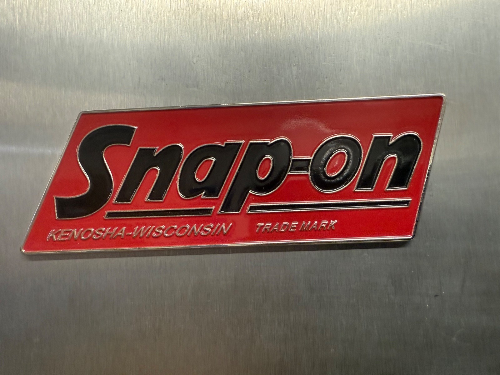 SNAP-ON Tools logo emblem VINTAGE Nameplate 1.5mm thick steel 5” x 2”.Rare.