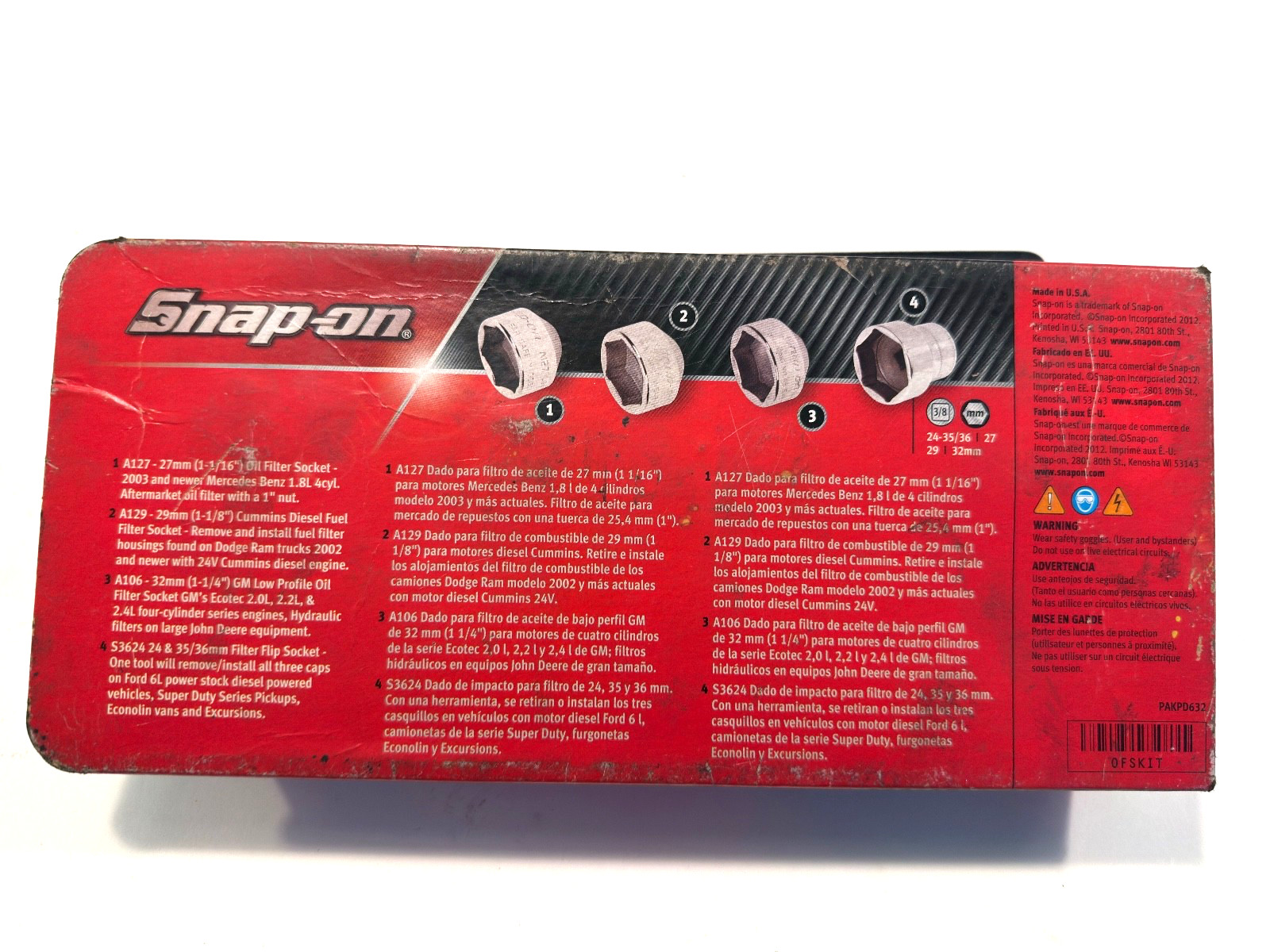 Snap-On OFSKIT, 24/27/35/36mm & 1 1/4″, 4-piece Oil/Fuel Filter Socket Set