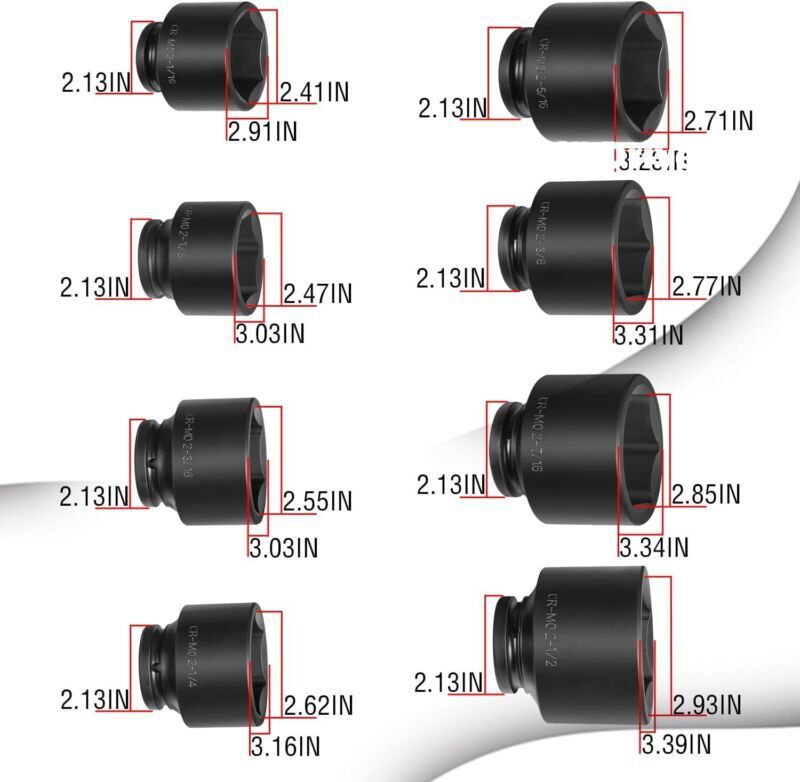 8Pcs 2-1/16″ to 2-1/2″ Sizes 3/4″ Drive Spindle Axle Nut Impact Large Socket Set