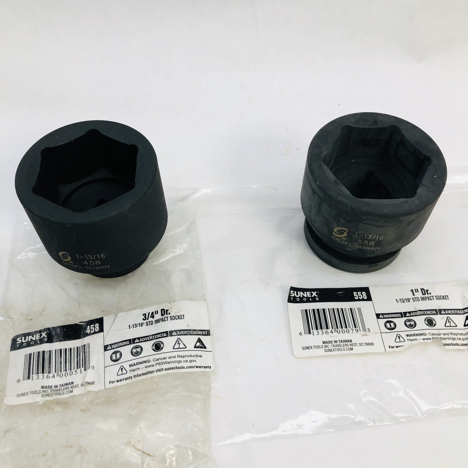 LOT OF 2 SUNEX TOOLS (1) 558 1″ DRIVE 1-13/16″ (1) 458 ¾» DRIVE 1-13/16″ 6PT STD