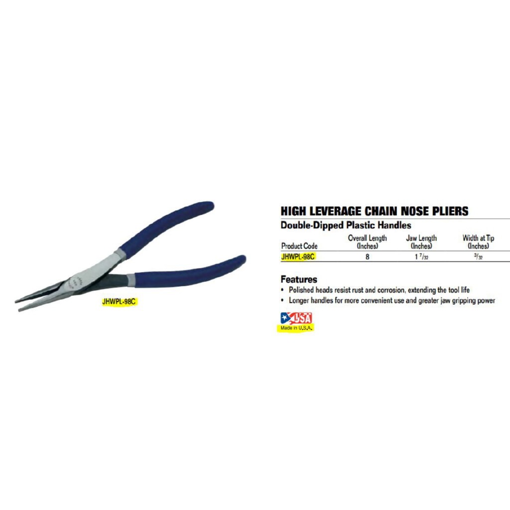 8″-Inch High Leverage Chain Nose Pliers, Double-Dipped Handles, Williams PL-98C