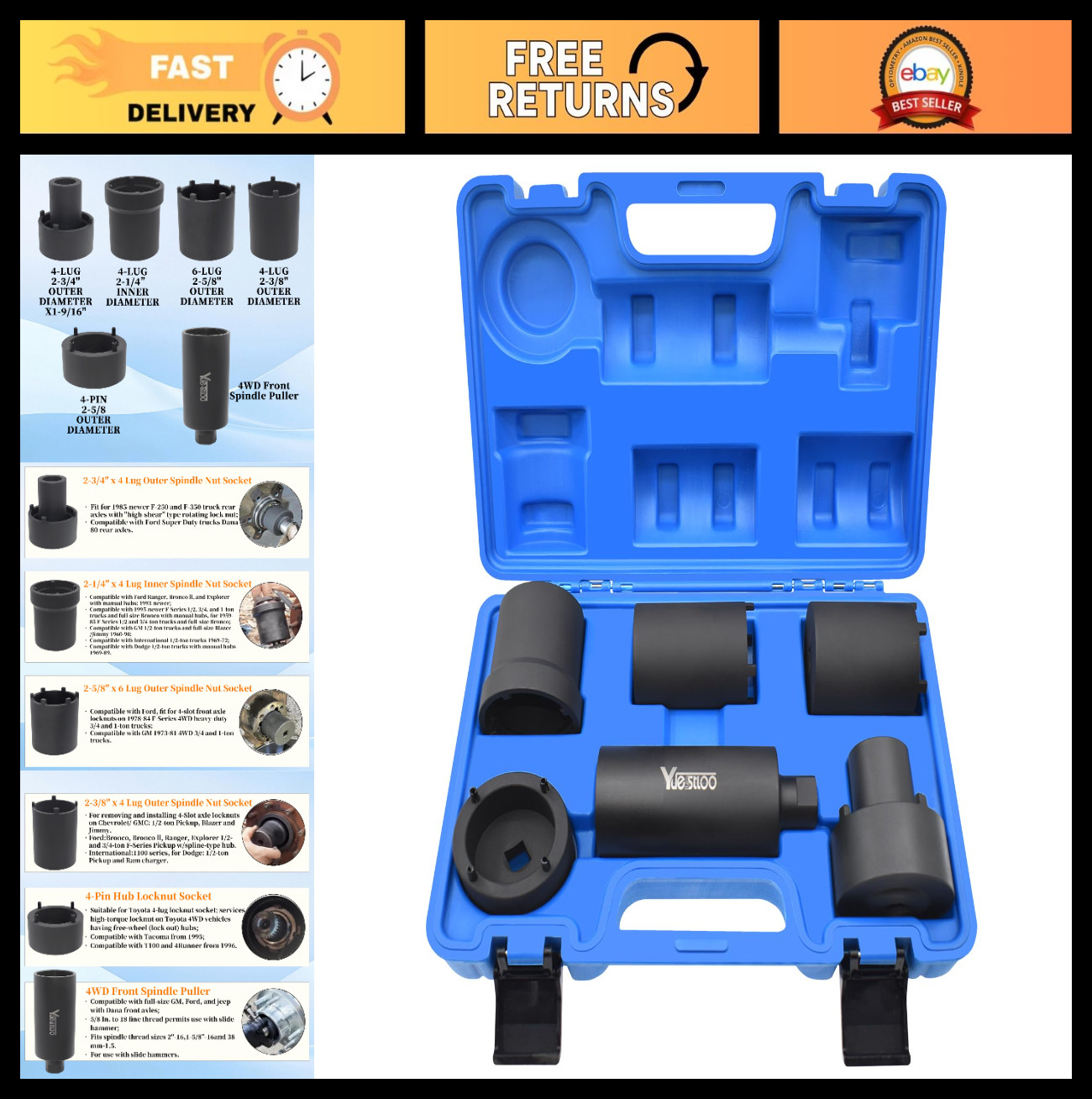 6-Pc Spindle Nut Socket Tool Kit, 1/2″ Drive Axle Lock Nut Remover for 4WD Vehic