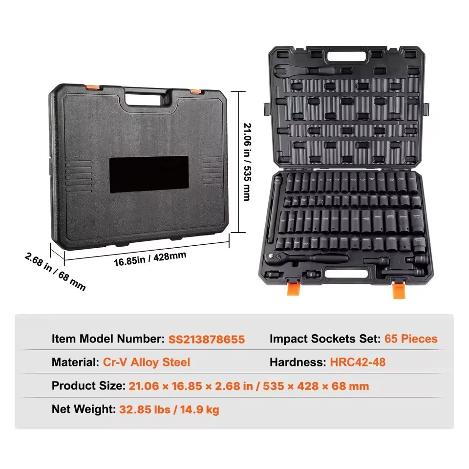 Drive Impact 1/2″ Socket Set 6 Point CR-V Steel Auto Repair Heavy Duty 65 Pcs