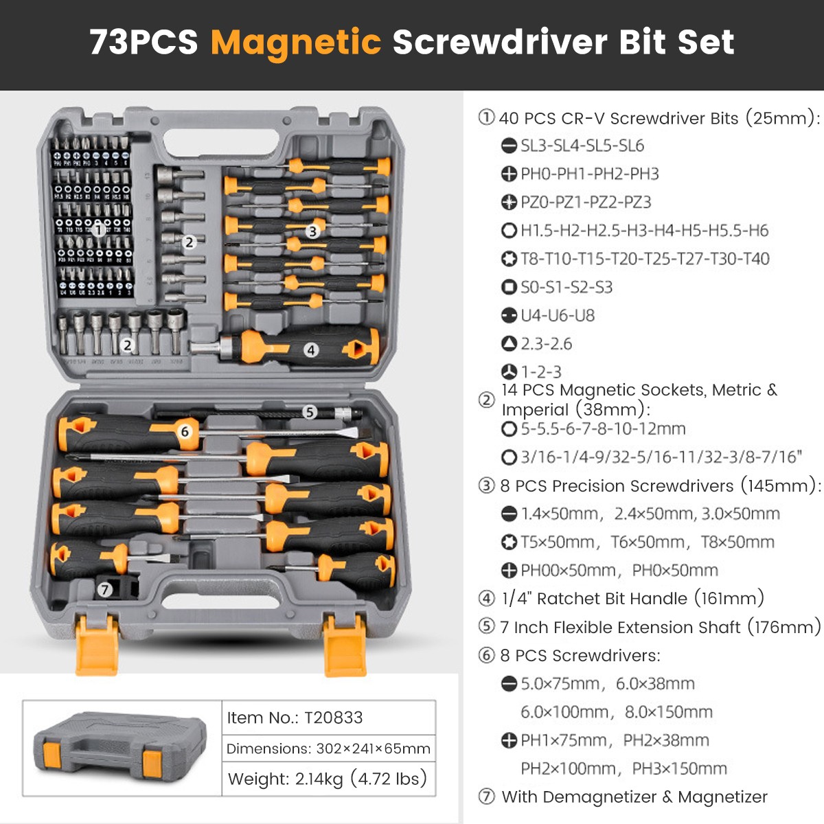 73pc Magnetic Screwdriver & Hex Torx Screw Bit Set Precision Extension Handle US