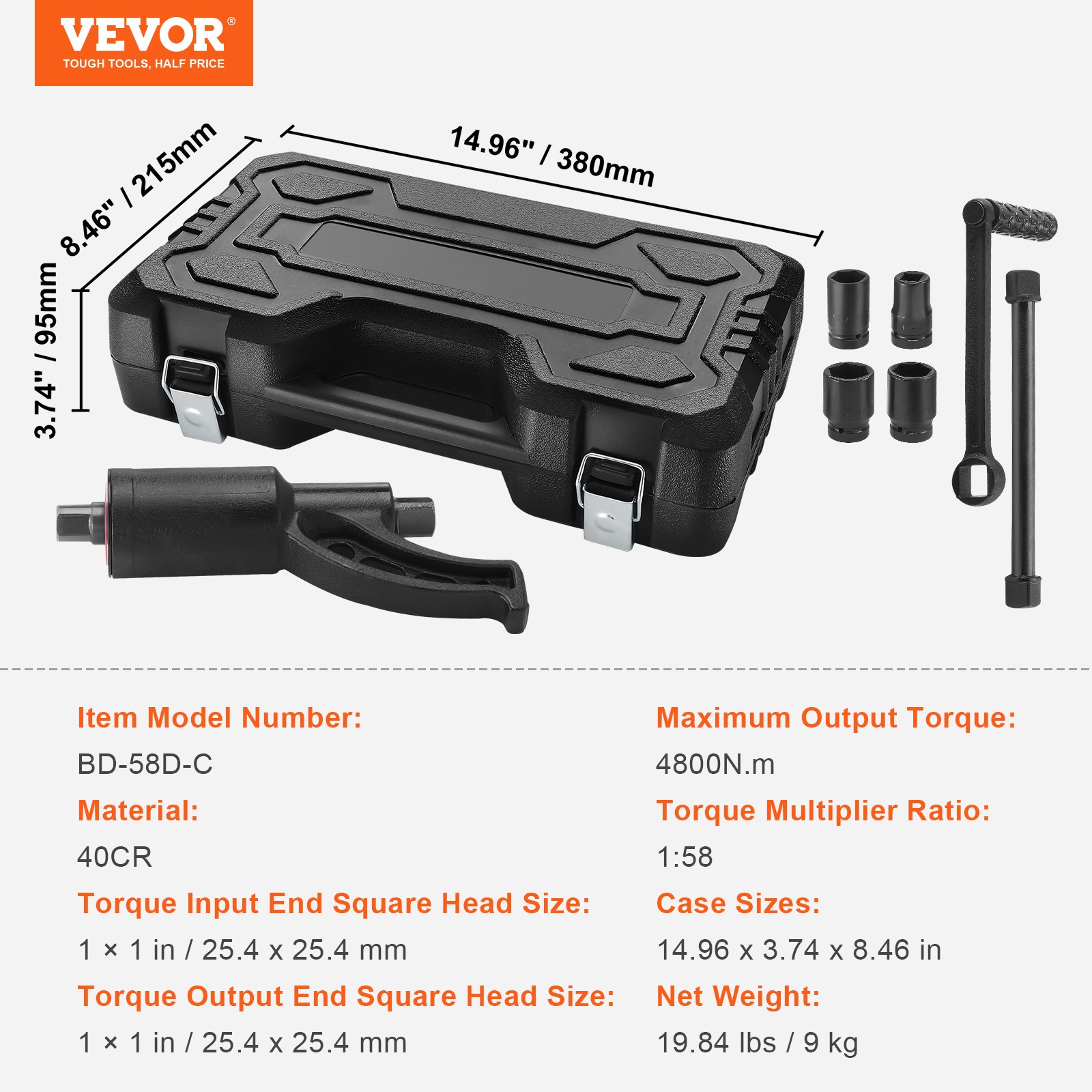 VEVOR Torque Multiplier Wrench Set 1″ Drive 1:58 Lug Nut Remover with 4 Sockets