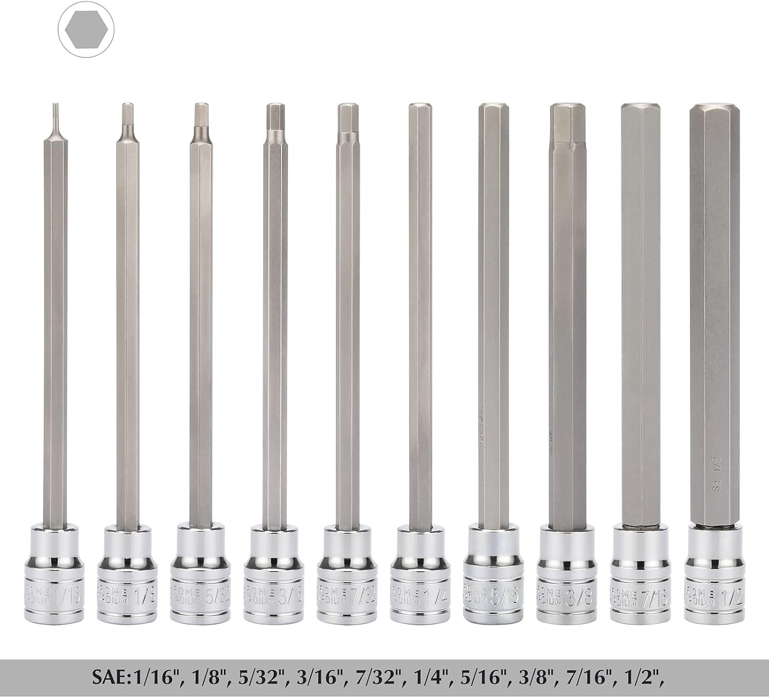 10PCS 3/8″ Drive Long Hex Bit Socket Set, CR-V, S2 Steel, SAE, Length 5.9-Inc…