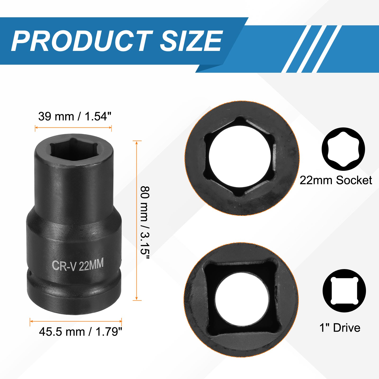 1 Inch Drive 22mm 6 Point Impact Socket Chromium Vanadium Steel