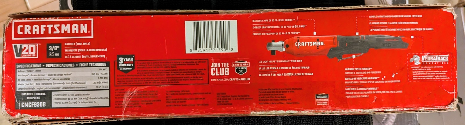 Craftsman V20 Cordless Ratchet 3/8in Drive 20ft-35lbs Of Torque & LED Work Light