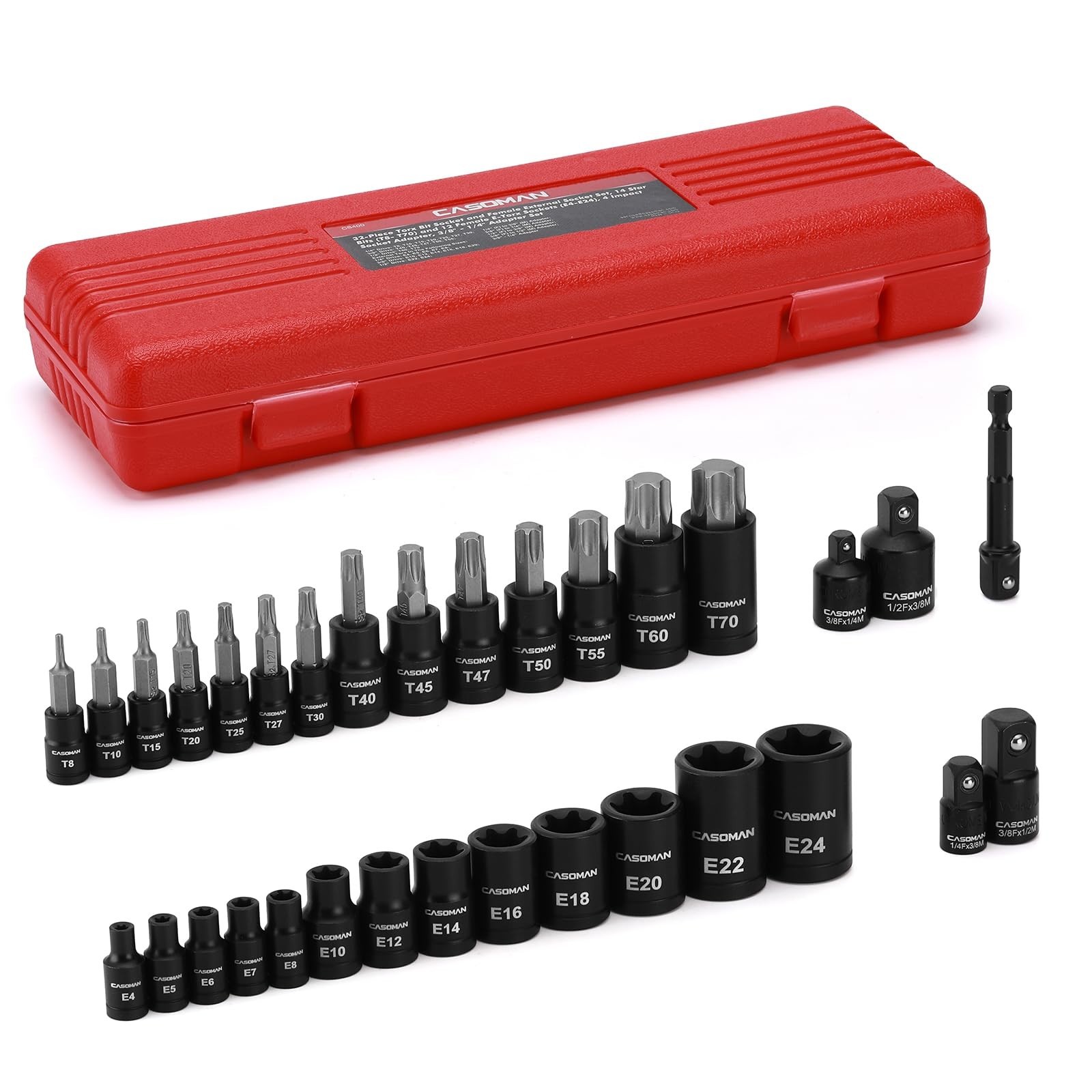 32-Piece Torx Bit Socket Set – 14 Star Bits (T8-T70) & 13 E-Torx Sockets (E4-E24