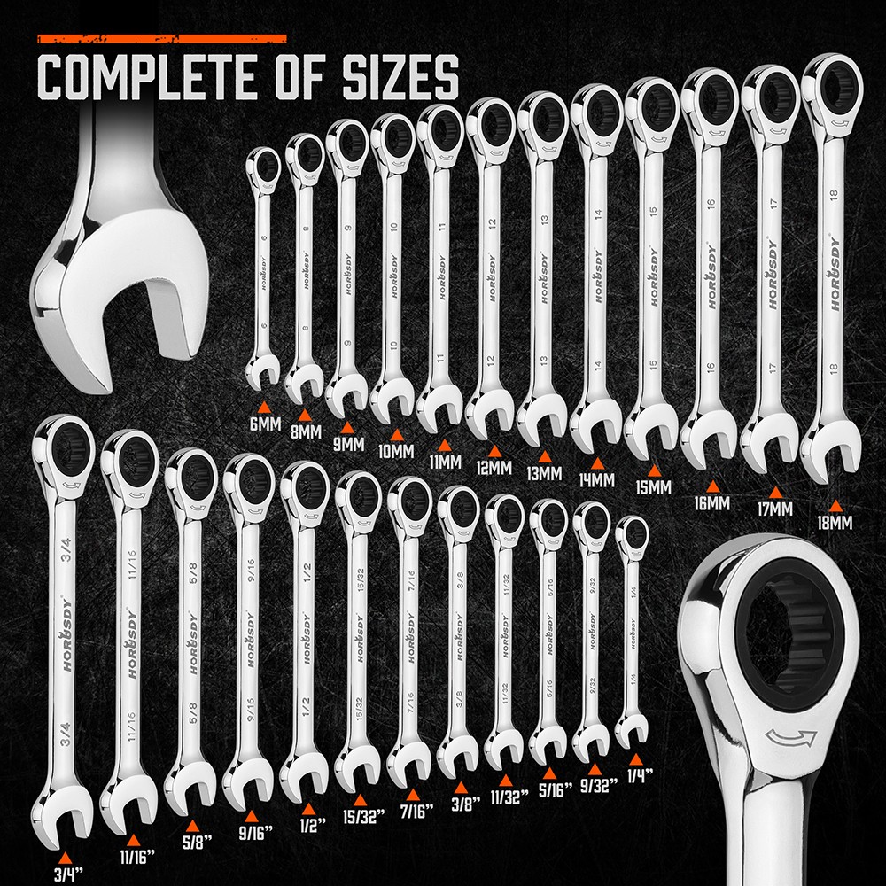 20pc Flat Ratcheting Wrench Combination Spanner Tool Set SAE & Metric With Case