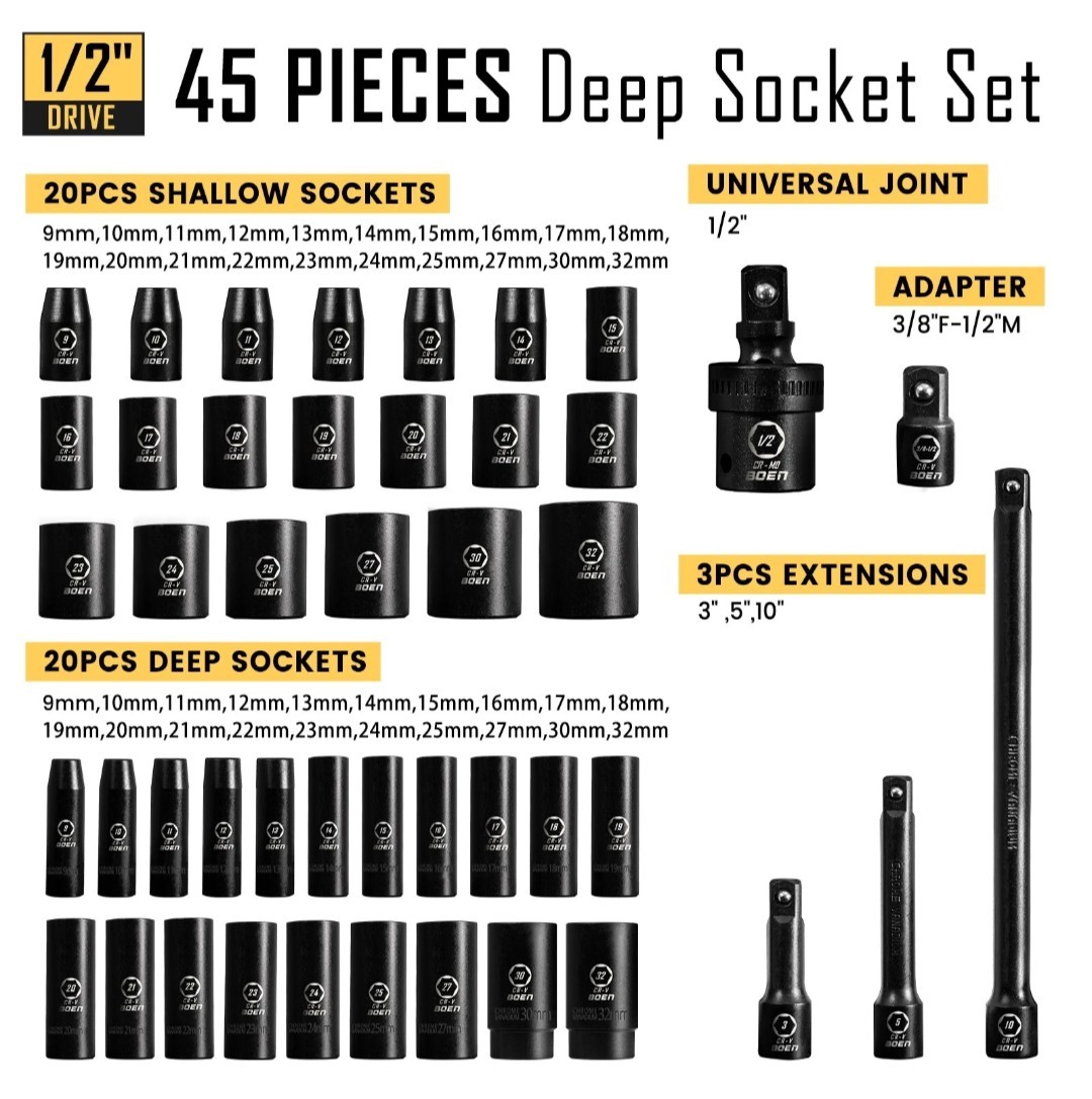 45Pcs 1/2″ Drive Impact Socket Set,SAE 5/16″ to 1″,Metric 8-22mm, Extension Bars