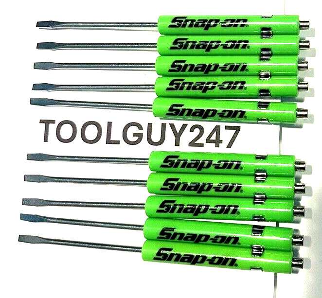 SNAP ON TOOLS 10 TEN Snap On Pocket Screwdrivers Flat Tip GREEN MAGNETIC END