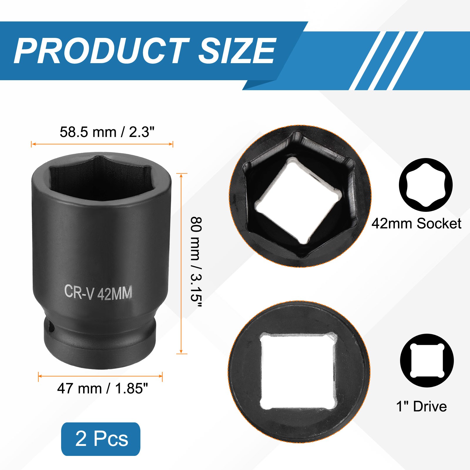 2pcs 1 Inch Drive 42mm 6 Point Impact Socket Chromium Vanadium Steel