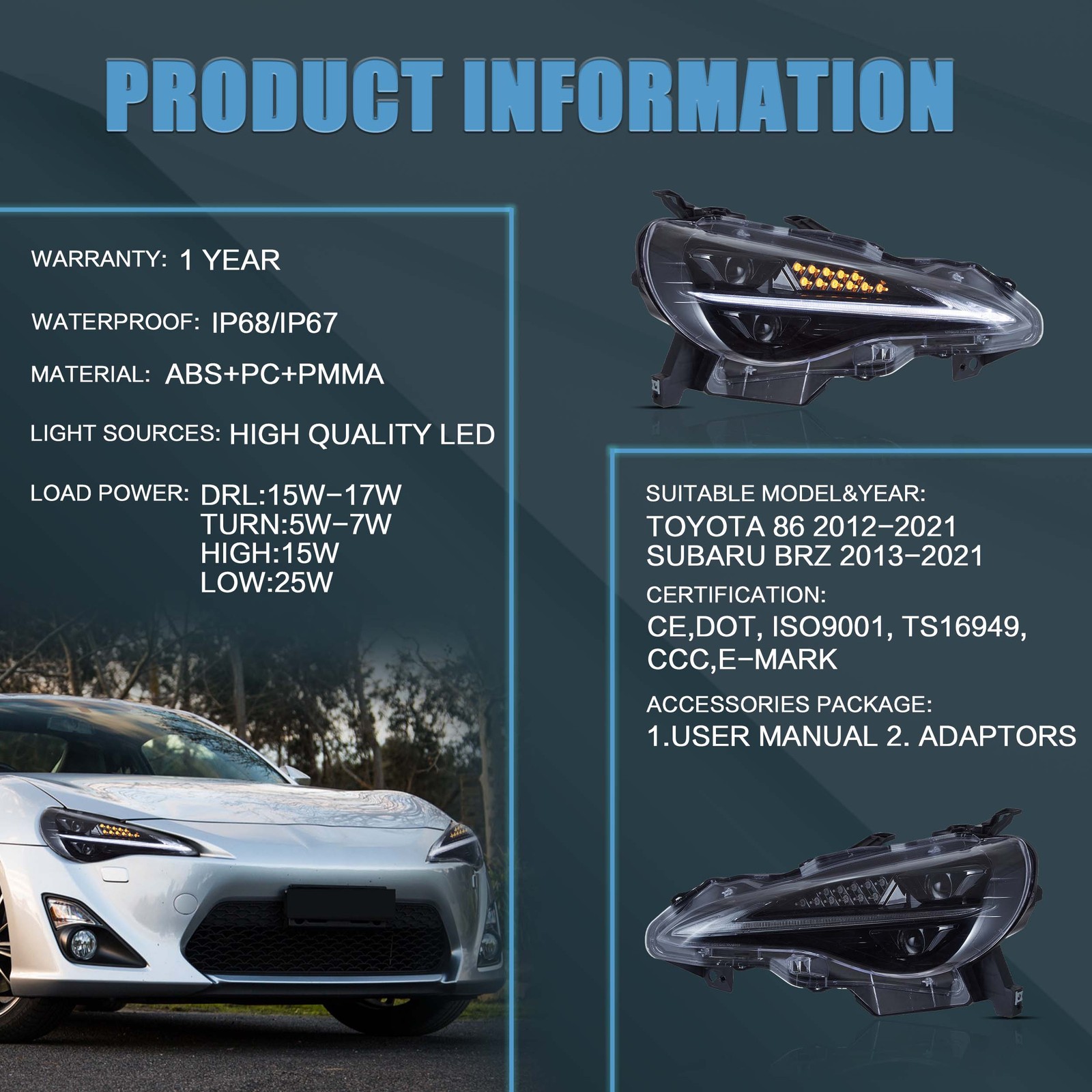 VLAND For 2012-2020 Toyota GT 86 Subaru BRZ FR-S Headlights W/Blue DRL Animation