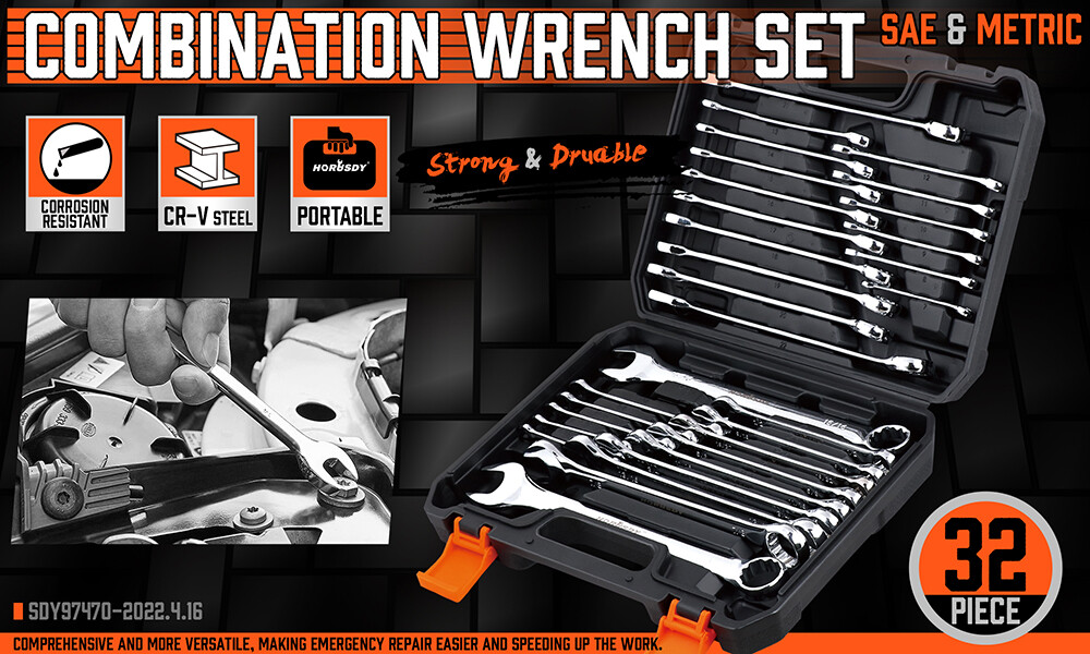 32PC Combination Wrench Spnner Set SAE Metric 1/4-1″ & 7-22mm 12 Point with Case