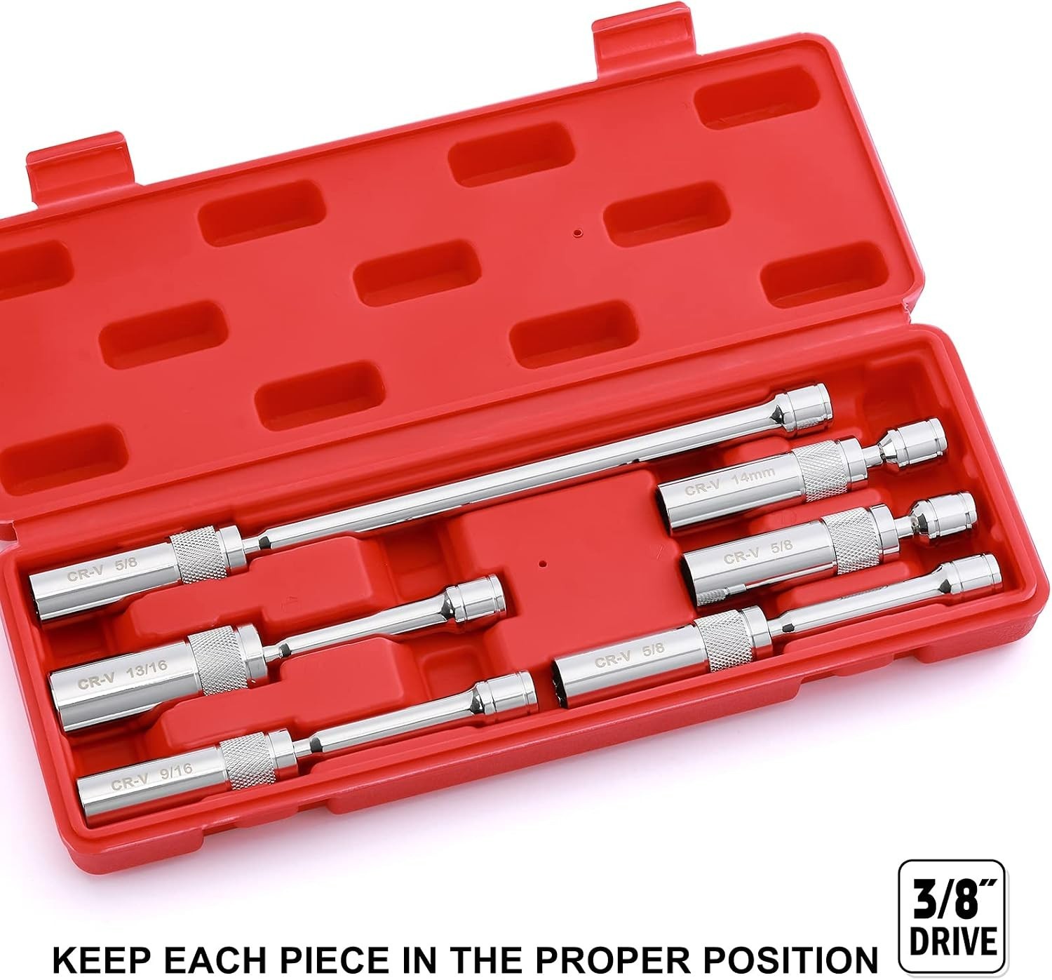 6-Piece 3/8″ Drive Magnetic Swivel Spark Plug Socket Set in Chrome-Vanadium S…