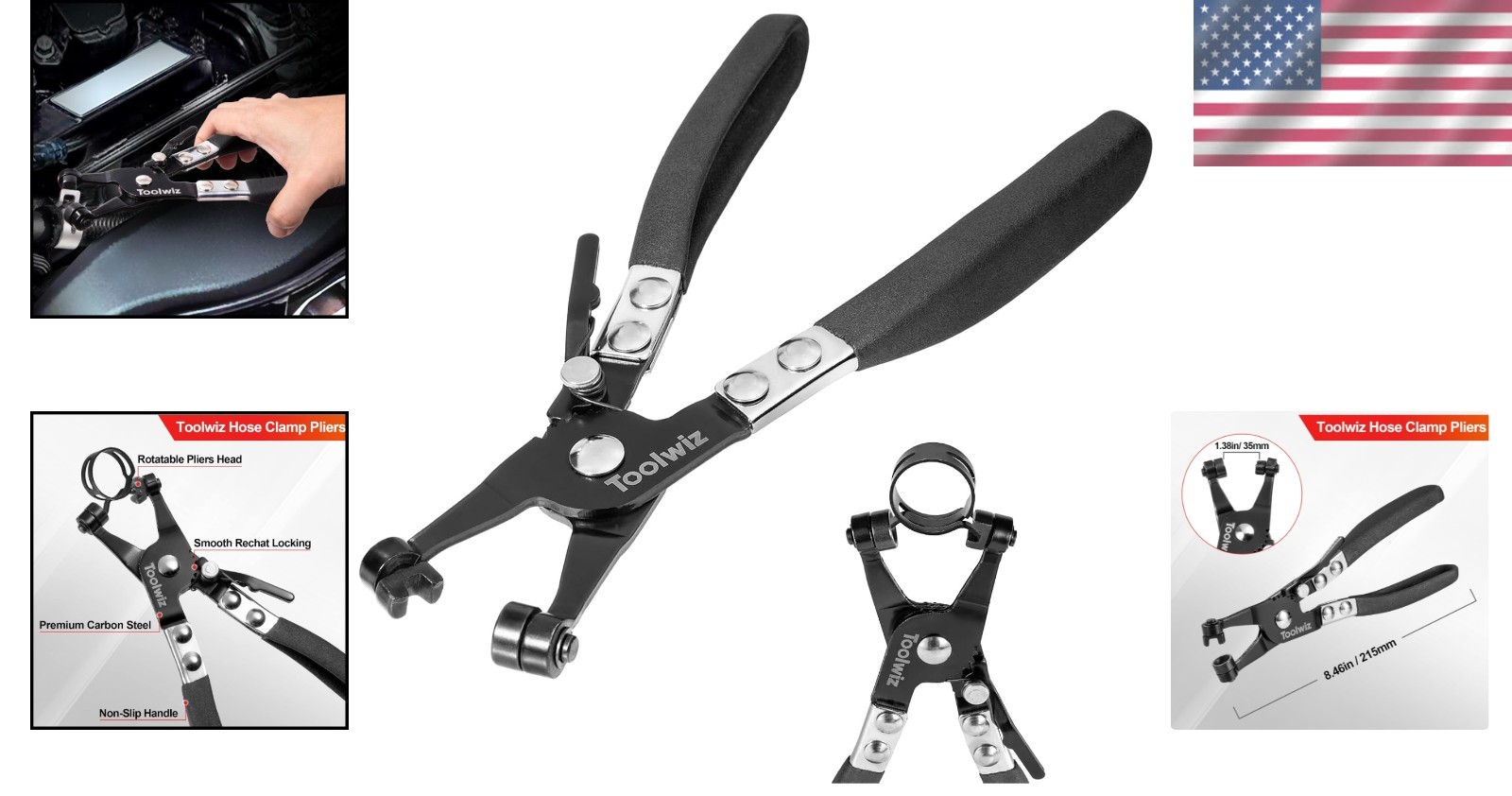 Compact Hose Clamp Pliers for Flat & Ring-Type Clamps – Black, 1.38 Inch Opening