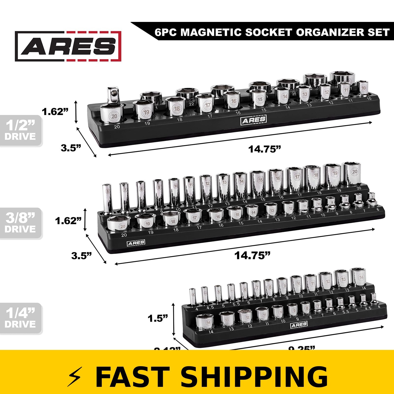 ARES 60160 Magnetic Socket Organizers Set – 1/4, 3/8, 1/2 in