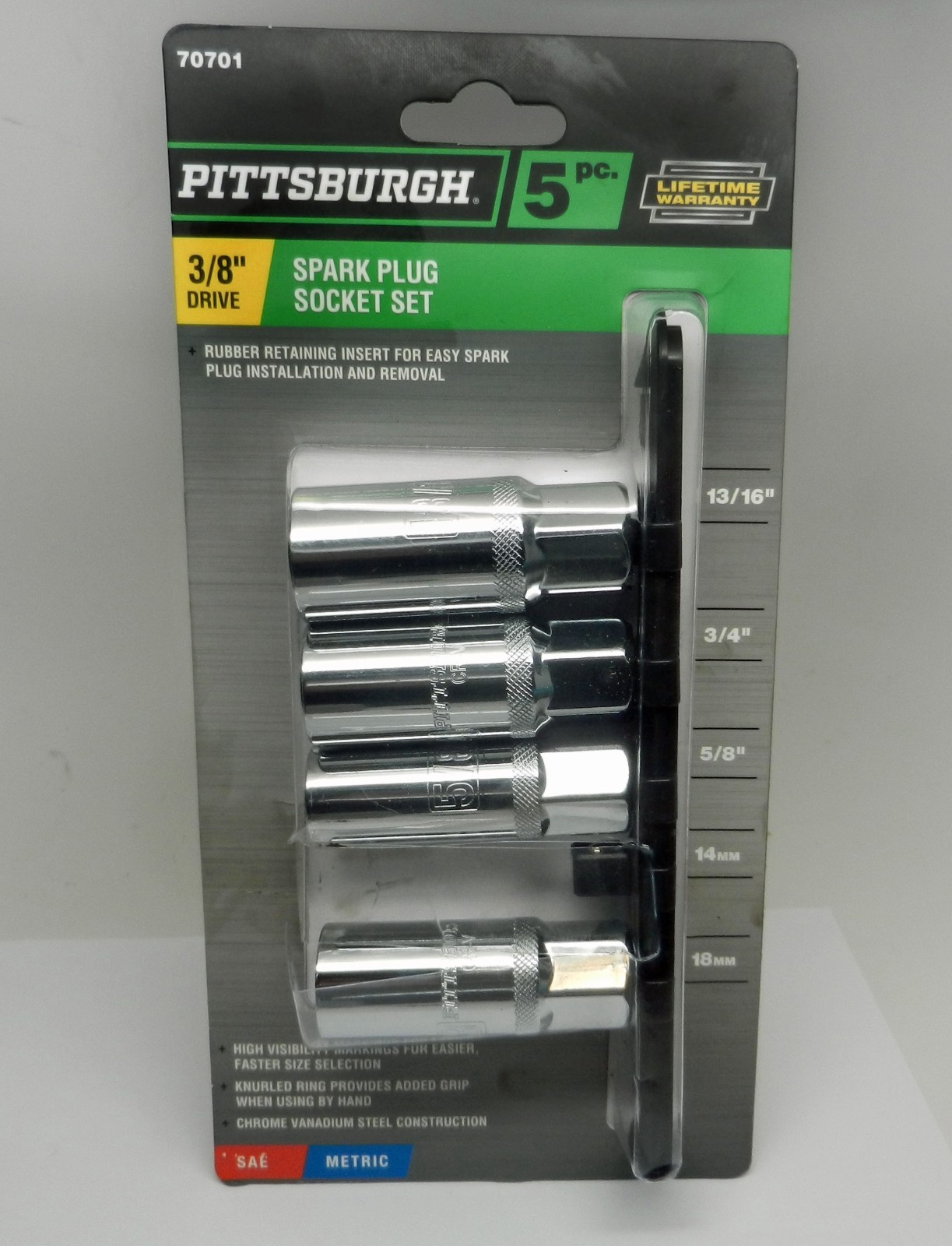 PITTSBURGH 3/8 Drive SAE, Metric Spark Plug Socket Set, 4pc 18mm 5/8, 3/4, 13/16