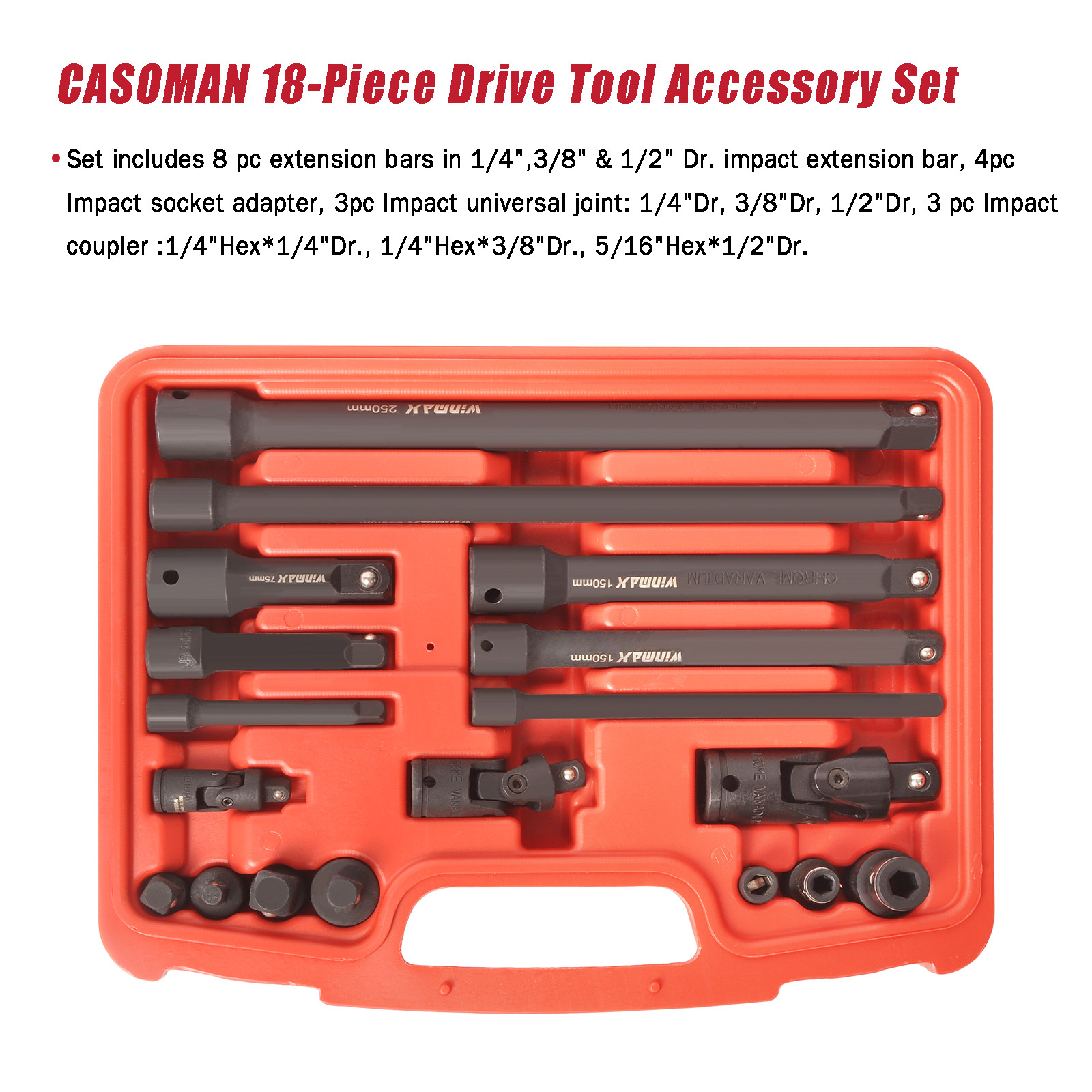 1/4 3/8 1/2 Dr Impact Accessory Tools Set Premium Cr-V Steel Extension Bar 18pc