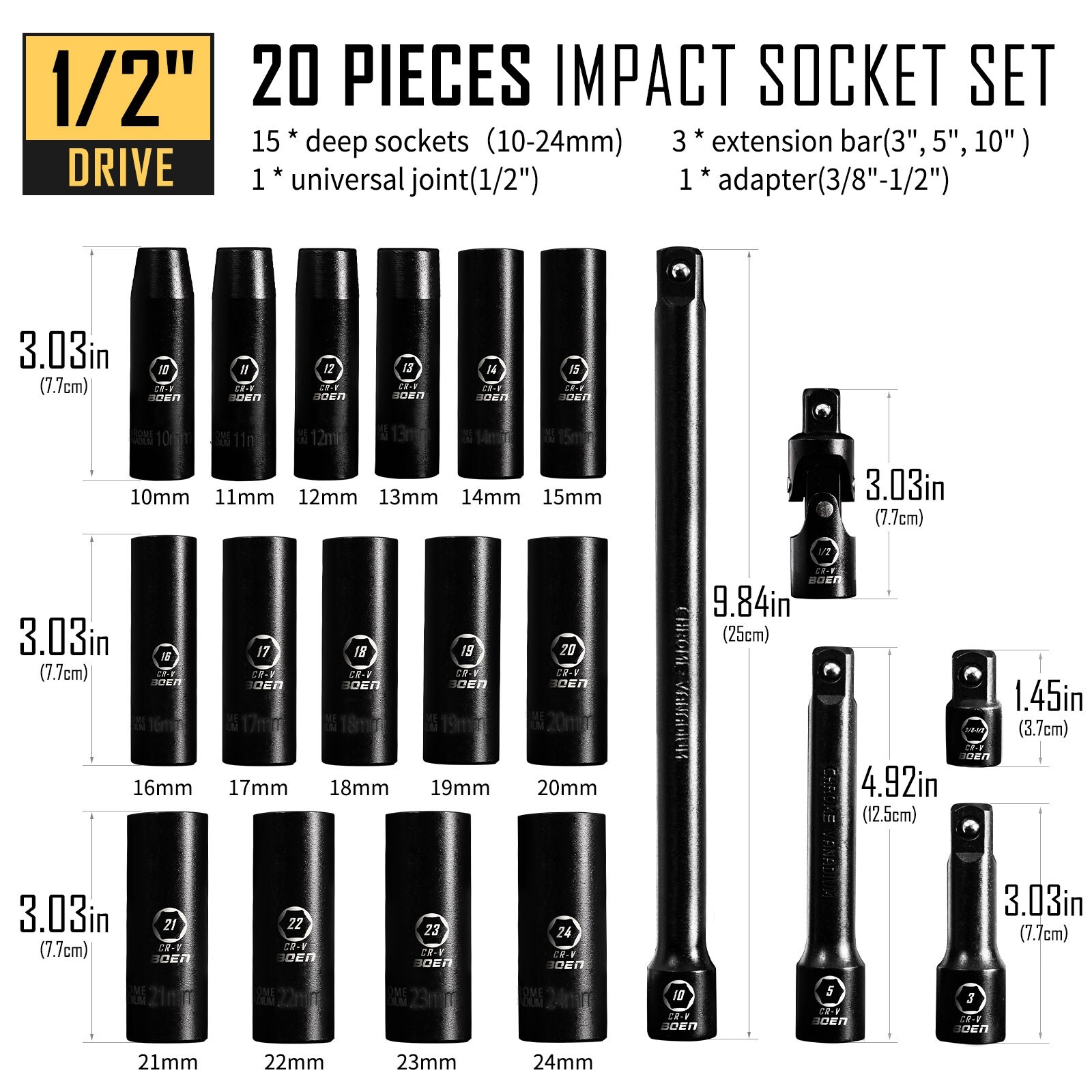 Boen 35 Pieces Impact Socket Set, 1/2 Inch Drive & 3/8 Inch Drive SAE & Metric