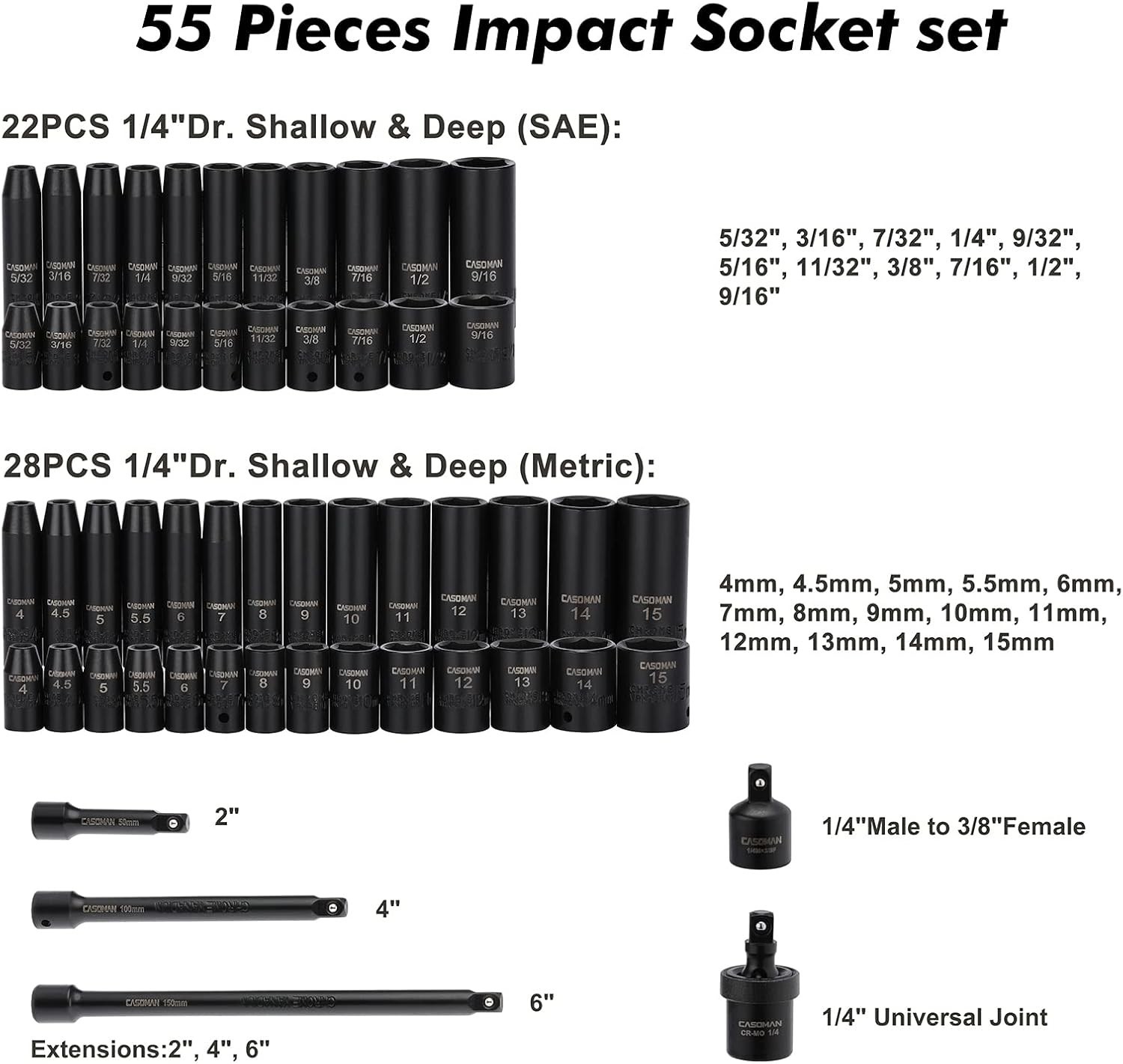 Professional 55PC 1/4-Inch Chrome Vanadium Impact Socket Set for Versatile Tasks