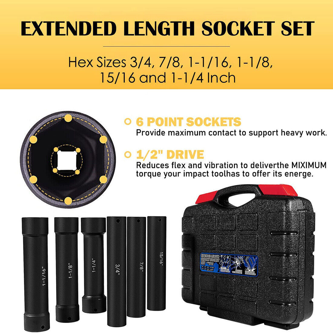 1/2 Inch Square Drive Impact Socket Set with Storage Case Fit Tighten Hex Nuts