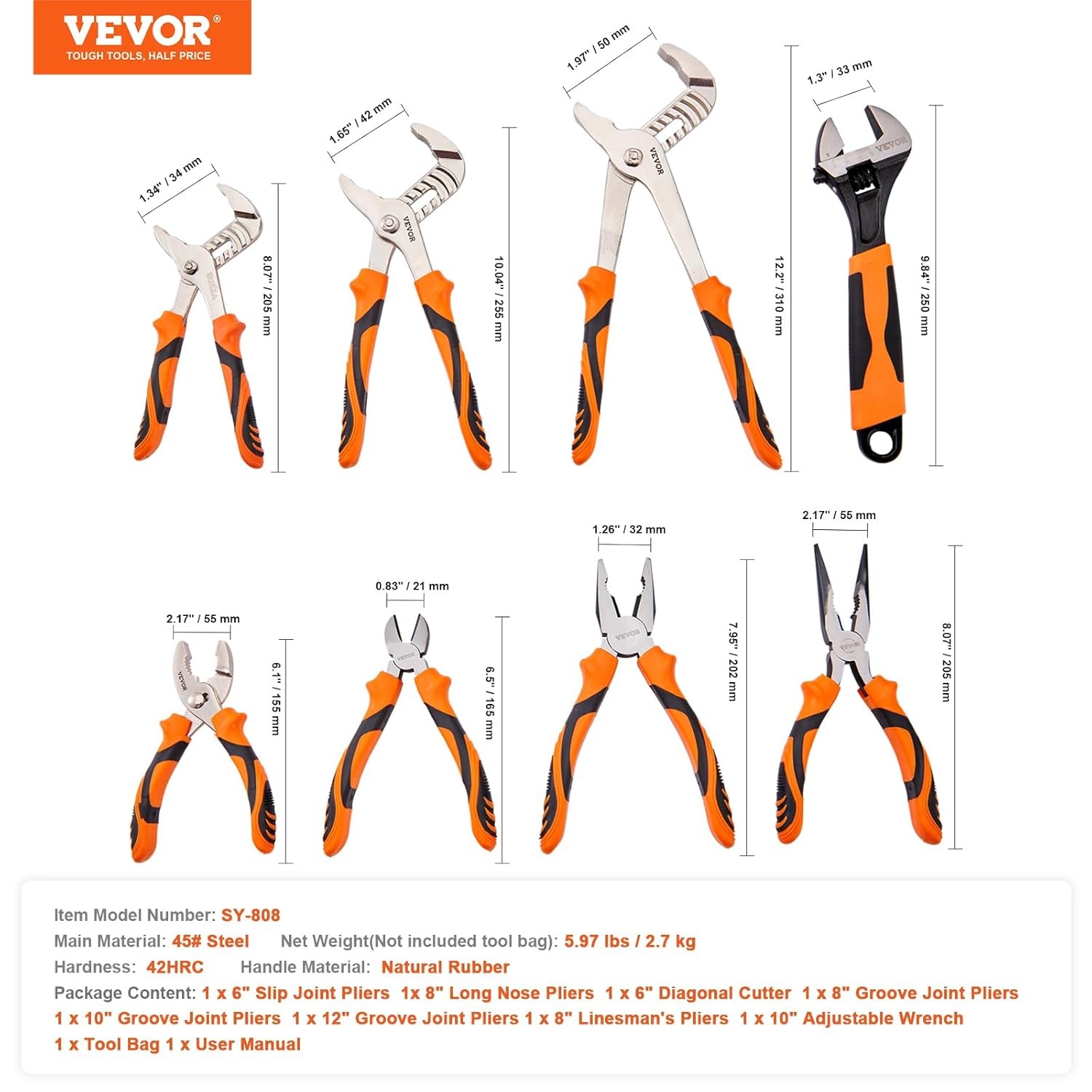 VEVOR 8-Piece Pliers Set, High Carbon Steel – 12″, «10», 8-PCS, Multicolor