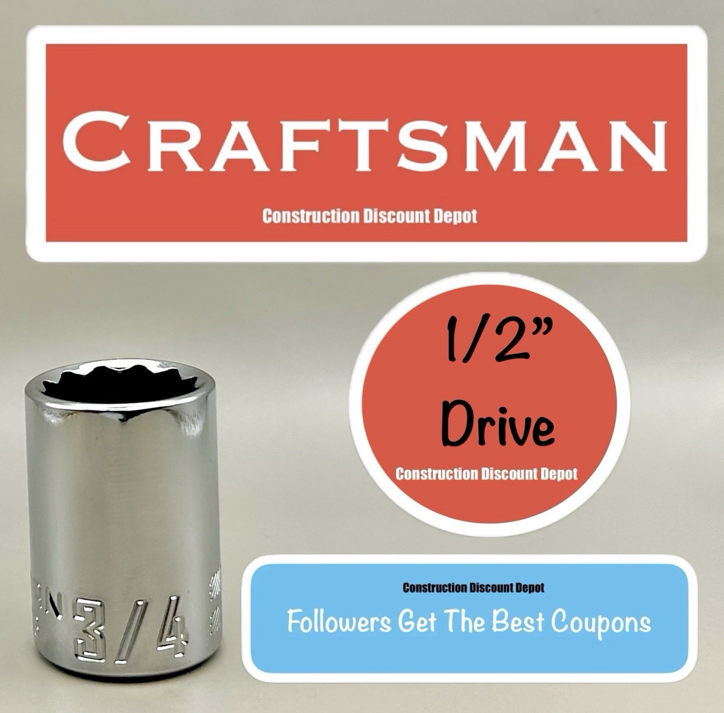 Craftsman 12pt Std. 1/2″ in Drive Shallow SAE Socket – 3/4″ Shallow CMMT47508