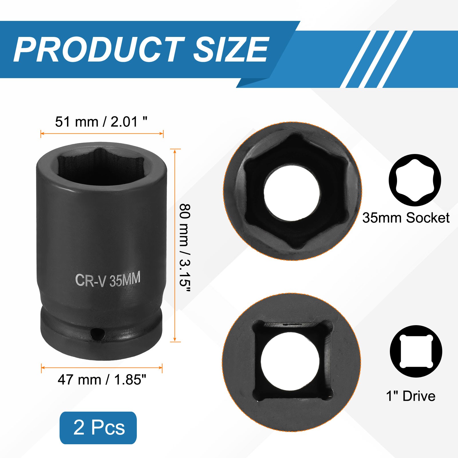 2pcs 1 Inch Drive 35mm 6 Point Impact Socket Chromium Vanadium Steel