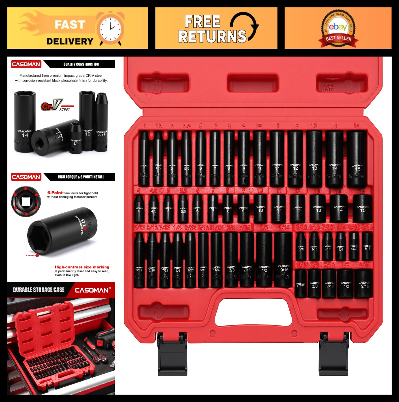 50-Piece 1/4″ Drive Impact Socket Set – SAE/Metric, 6-Point, Standard/Deep, CR-V