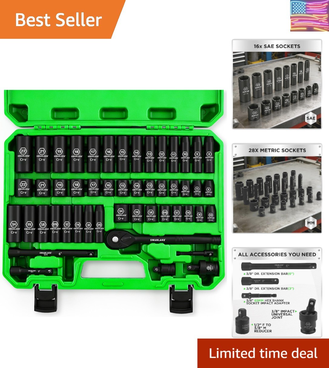 SWANLAKE 3/8» Drive Impact Socket Set, 50-Piece Standard SAE 5/16 to 3/4 inc…