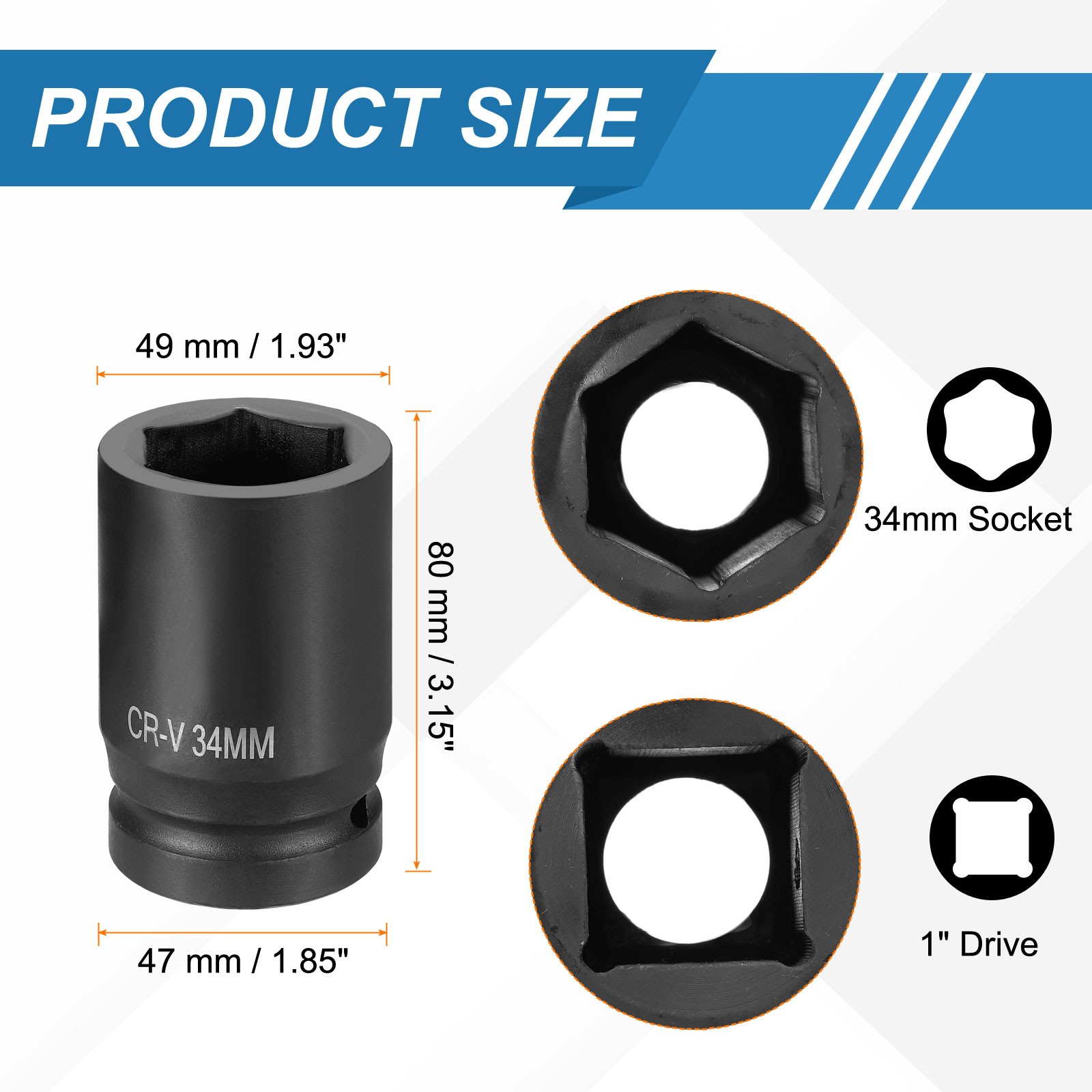 1 Inch Drive 34mm 6 Point Impact Socket Chromium Vanadium Steel
