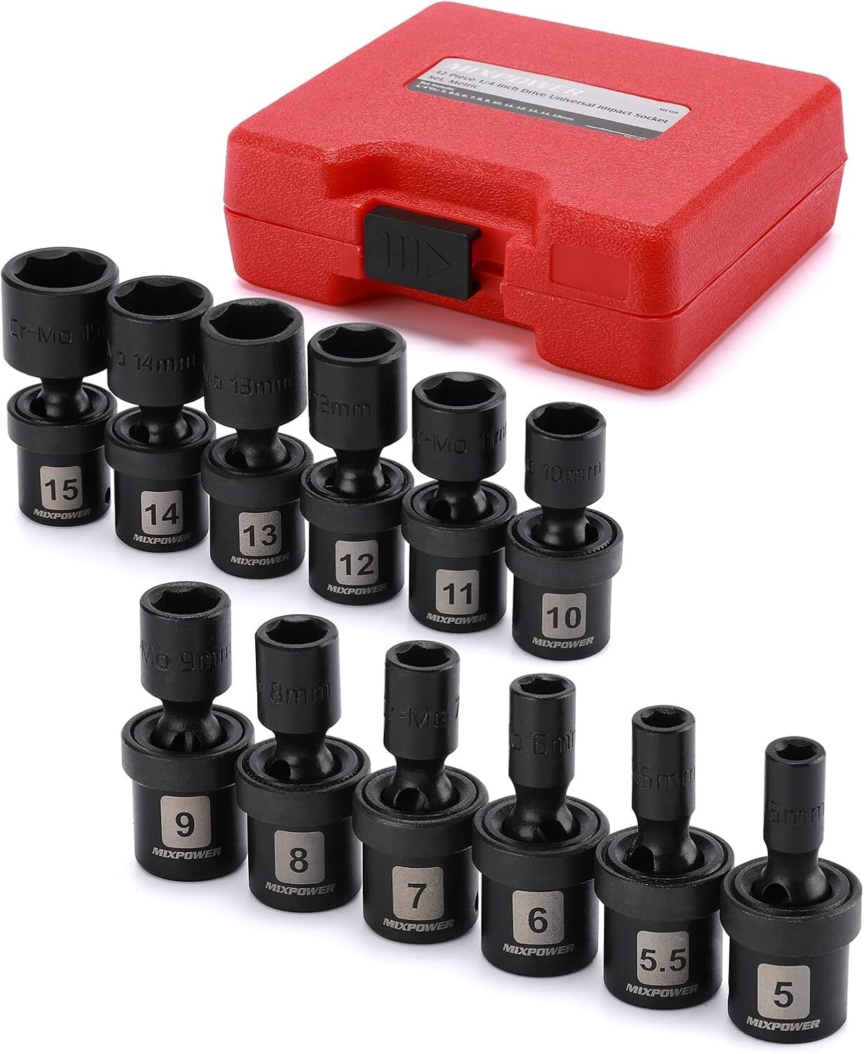 12 Pieces 1/4″ Drive Universal Impact Socket Set, CR-MO, Metric, Swivel Socke…