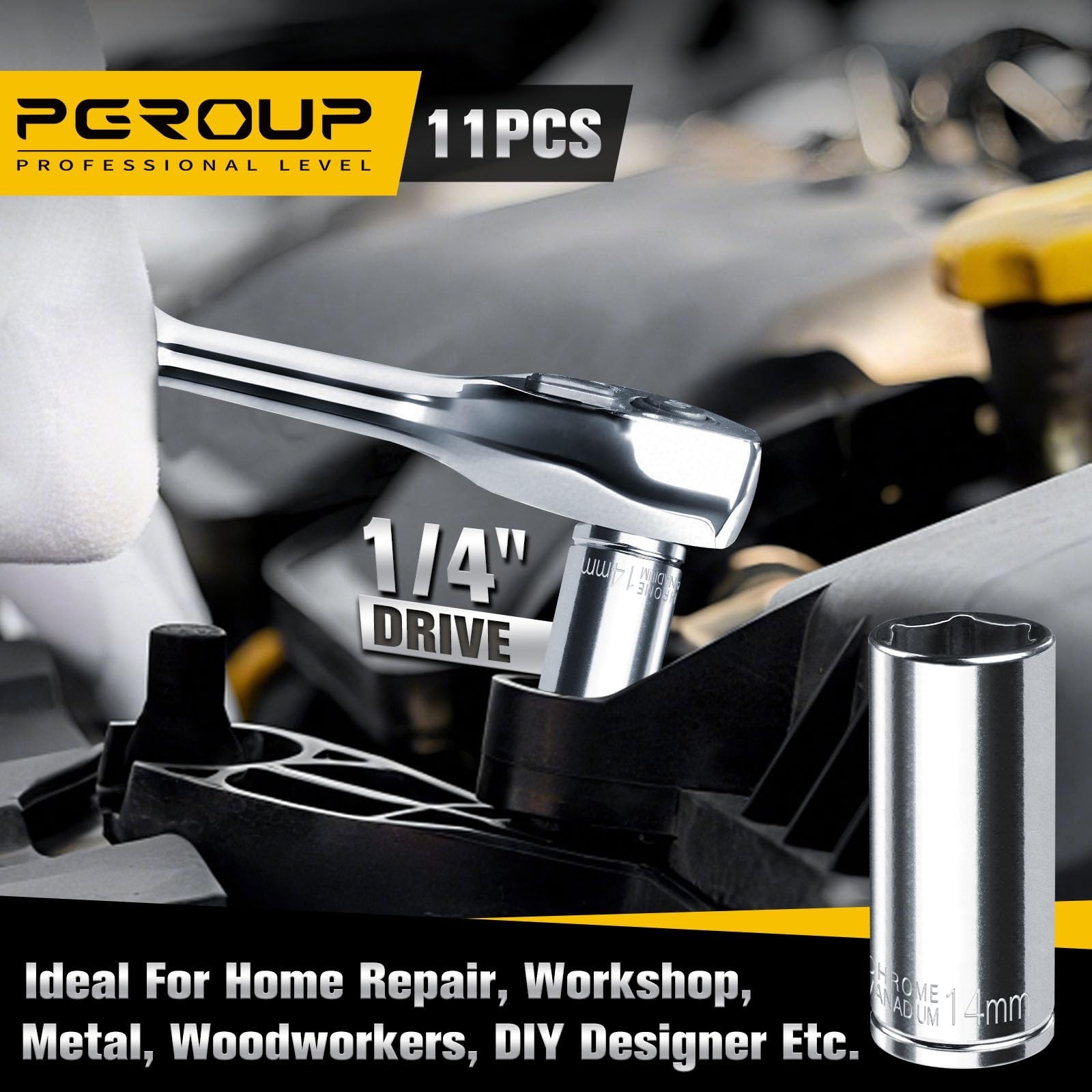 11PCS 1/4″ Drive Deep Socket Set, Metric 4mm-14mm, 6-Point, Chrome Vanadium, Sto